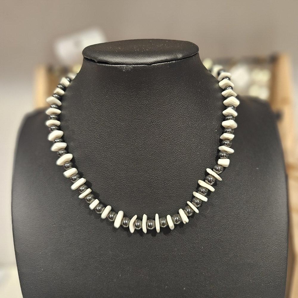 Vintage Hematite Magnetic Black and Puka Shell White Beaded Necklace Y2K Jewelry